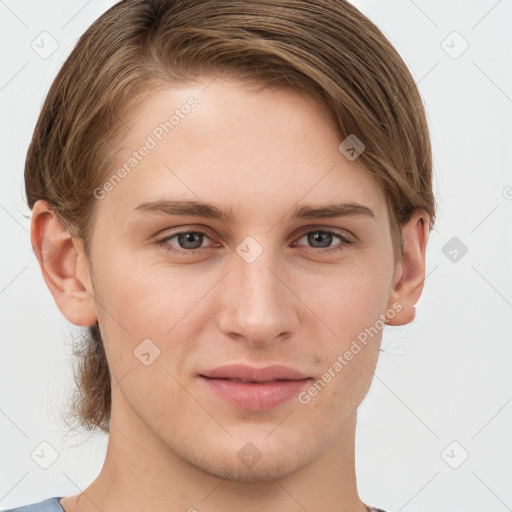 Joyful white young-adult female with short  brown hair and grey eyes