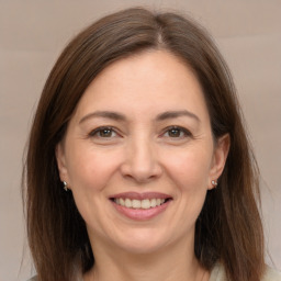 Joyful white adult female with medium  brown hair and brown eyes