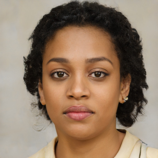 Neutral latino young-adult female with medium  brown hair and brown eyes