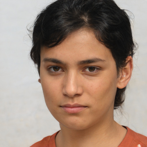 Neutral asian young-adult female with short  brown hair and brown eyes