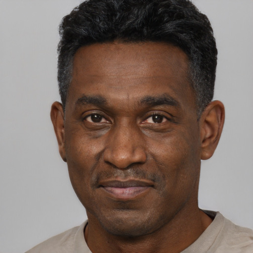 Joyful black adult male with short  black hair and brown eyes