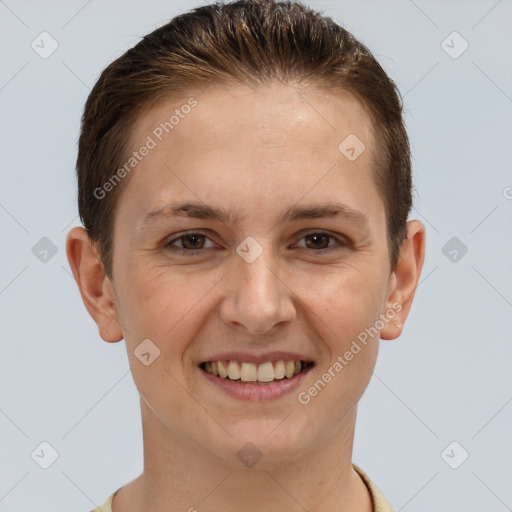 Joyful white young-adult female with short  brown hair and brown eyes