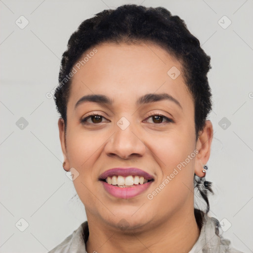 Joyful white young-adult female with short  black hair and brown eyes