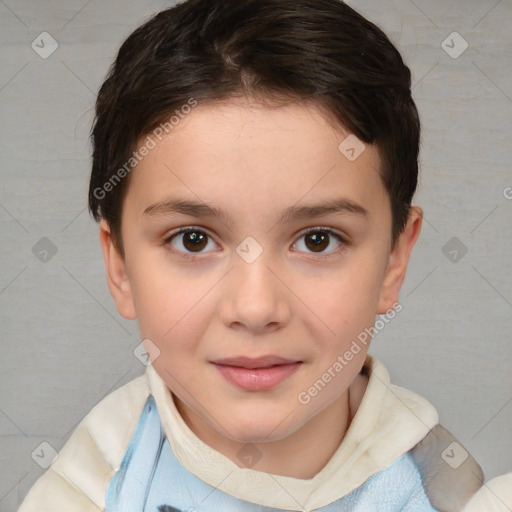 Joyful white child female with short  brown hair and brown eyes