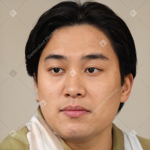 Neutral asian young-adult male with short  black hair and brown eyes