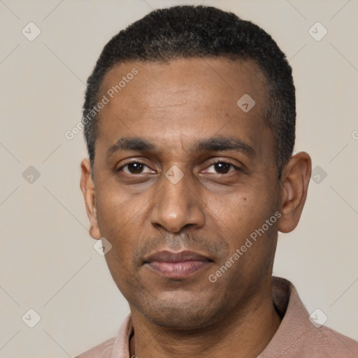 Neutral black adult male with short  black hair and brown eyes