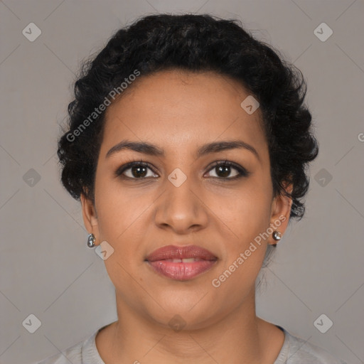 Joyful latino young-adult female with short  black hair and brown eyes