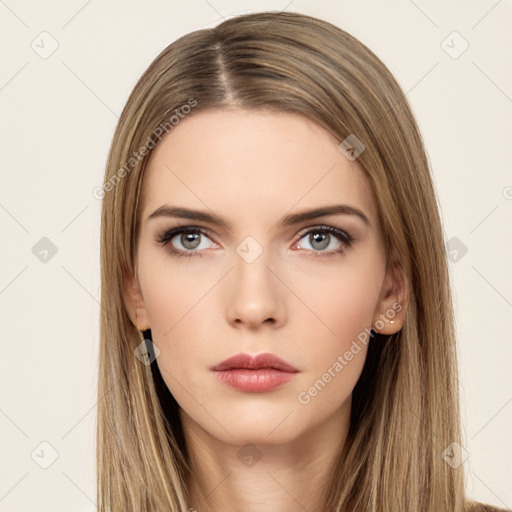 Neutral white young-adult female with long  brown hair and brown eyes