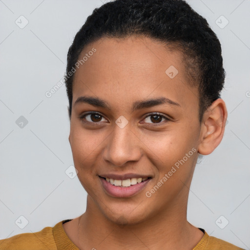 Joyful latino young-adult female with short  brown hair and brown eyes