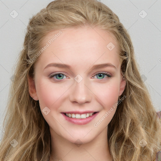 Joyful white young-adult female with long  brown hair and blue eyes