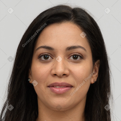 Joyful latino young-adult female with long  brown hair and brown eyes