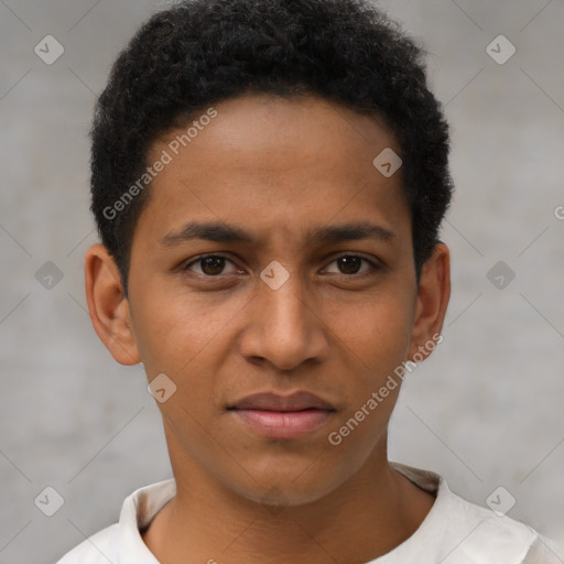 Joyful latino young-adult male with short  brown hair and brown eyes