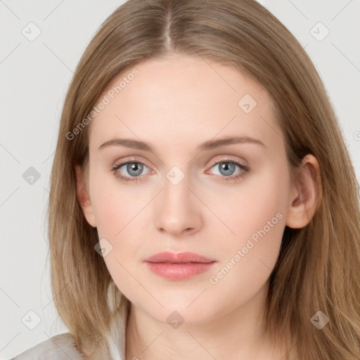 Neutral white young-adult female with medium  brown hair and grey eyes