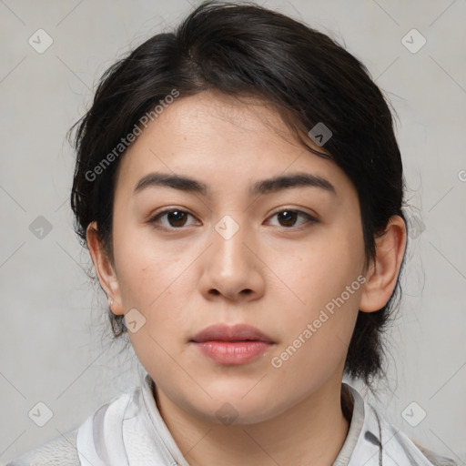 Neutral white young-adult female with medium  brown hair and brown eyes