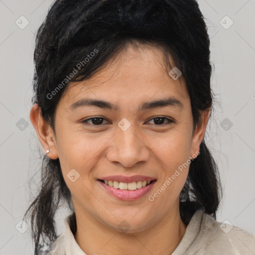 Joyful white young-adult female with medium  brown hair and brown eyes