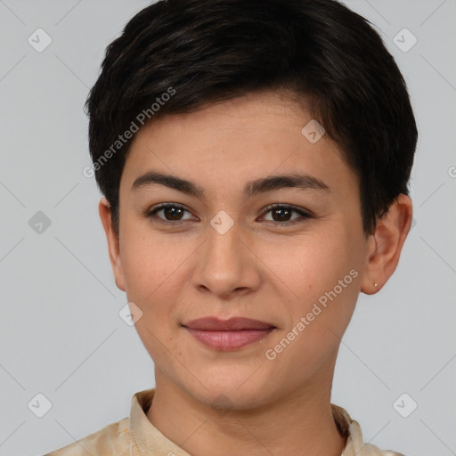 Joyful white young-adult female with short  brown hair and brown eyes