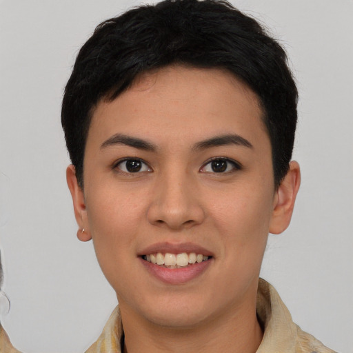 Joyful asian young-adult female with short  black hair and brown eyes