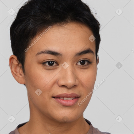 Joyful asian young-adult female with short  brown hair and brown eyes