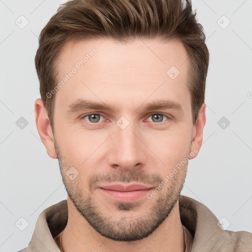 Neutral white young-adult male with short  brown hair and grey eyes