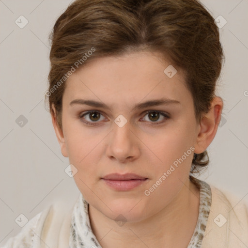 Neutral white young-adult female with short  brown hair and brown eyes