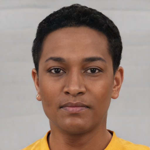 Neutral black young-adult male with short  black hair and brown eyes