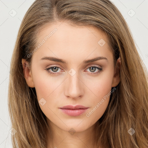 Neutral white young-adult female with long  brown hair and brown eyes