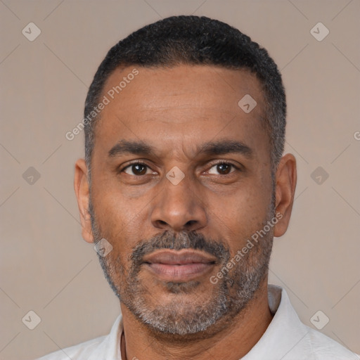 Neutral black adult male with short  black hair and brown eyes