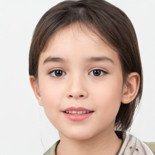 Joyful white child female with medium  brown hair and brown eyes