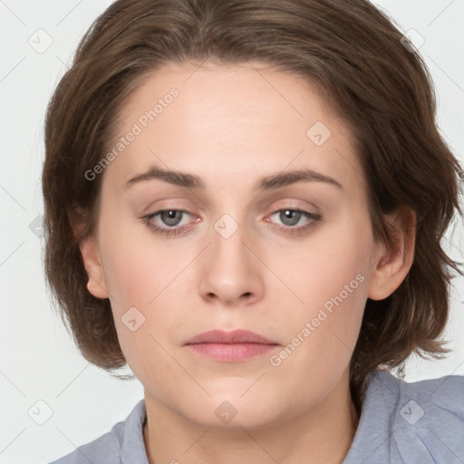 Neutral white young-adult female with medium  brown hair and grey eyes