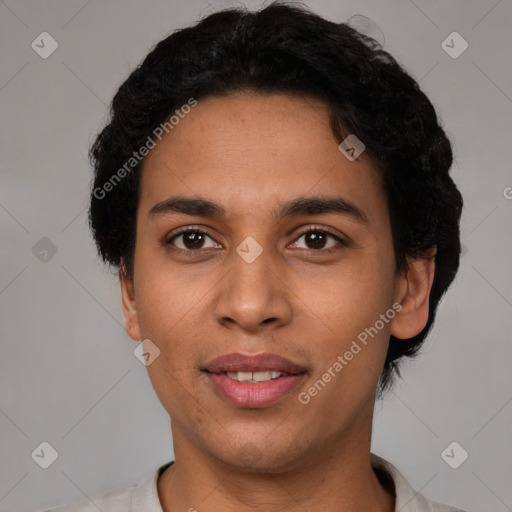 Joyful latino young-adult female with short  brown hair and brown eyes