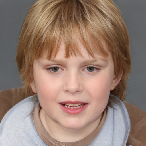 Joyful white child female with medium  brown hair and blue eyes