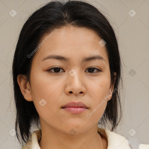 Neutral asian young-adult female with medium  brown hair and brown eyes