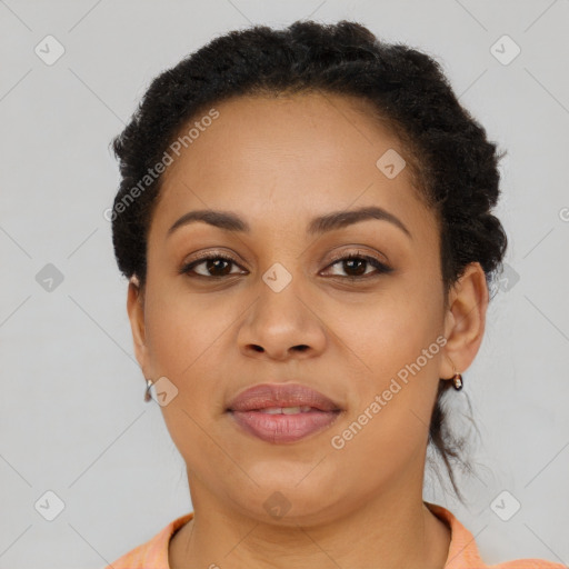 Joyful latino young-adult female with short  brown hair and brown eyes