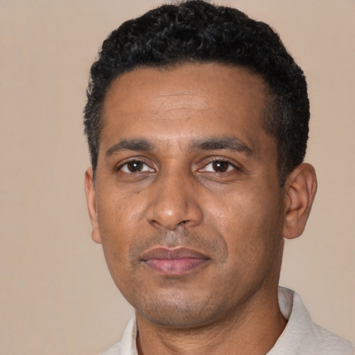 Neutral black adult male with short  black hair and brown eyes