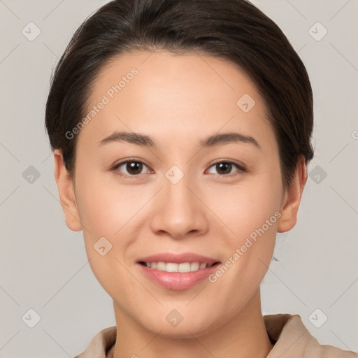 Joyful white young-adult female with medium  brown hair and brown eyes