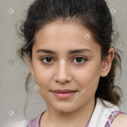 Joyful white child female with medium  brown hair and brown eyes