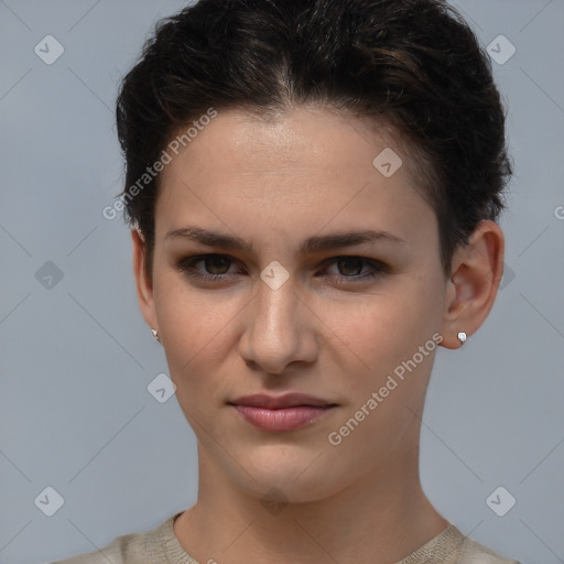 Joyful white young-adult female with short  brown hair and brown eyes