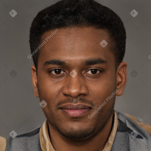 Joyful latino young-adult male with short  brown hair and brown eyes