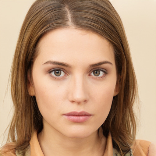 Neutral white young-adult female with long  brown hair and brown eyes