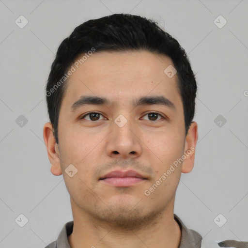 Neutral asian young-adult male with short  black hair and brown eyes