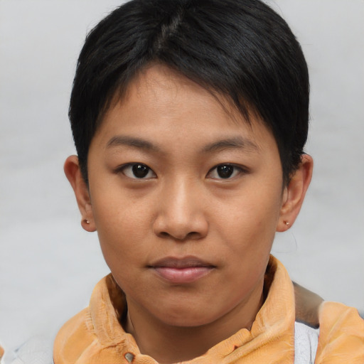 Neutral asian young-adult female with short  brown hair and brown eyes