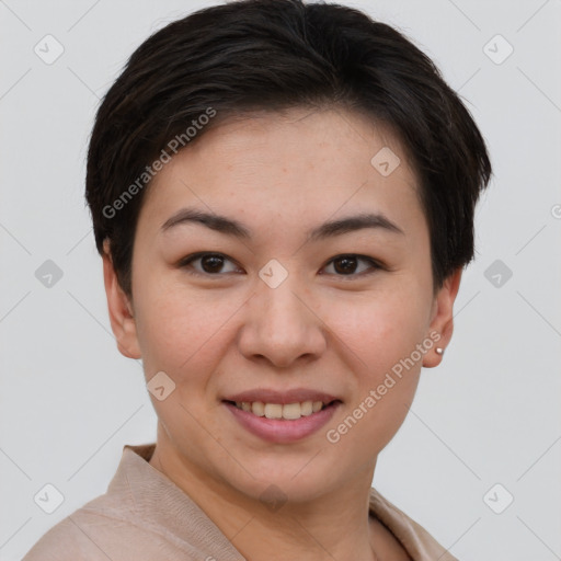 Joyful white young-adult female with short  brown hair and brown eyes