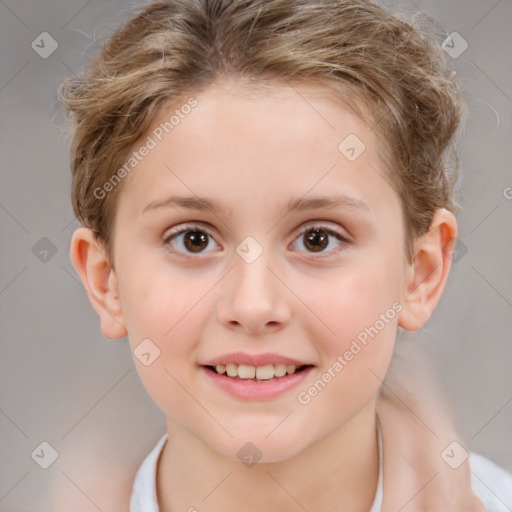 Joyful white child female with short  brown hair and brown eyes