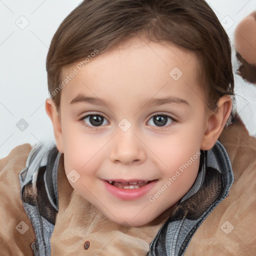 Joyful white child female with short  brown hair and brown eyes