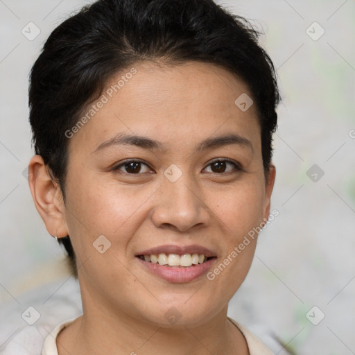 Joyful white young-adult female with short  brown hair and brown eyes