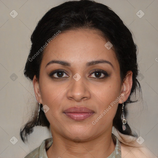 Joyful latino young-adult female with medium  brown hair and brown eyes