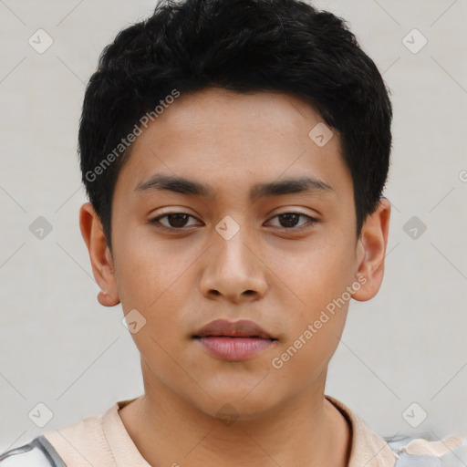 Neutral latino young-adult male with short  black hair and brown eyes