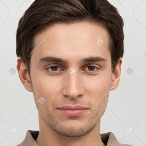 Neutral white young-adult male with short  brown hair and brown eyes