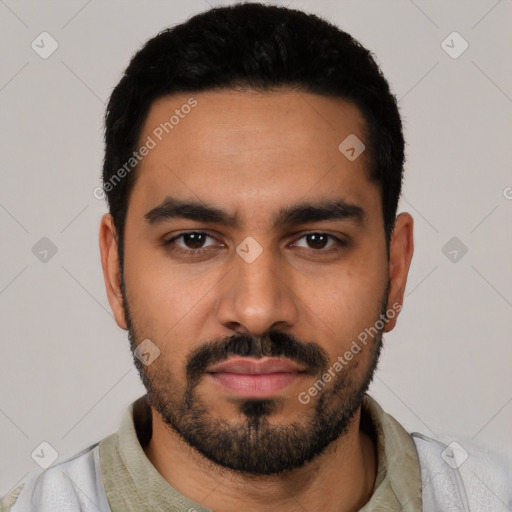 Neutral latino young-adult male with short  black hair and brown eyes