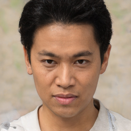 Neutral asian young-adult male with short  black hair and brown eyes